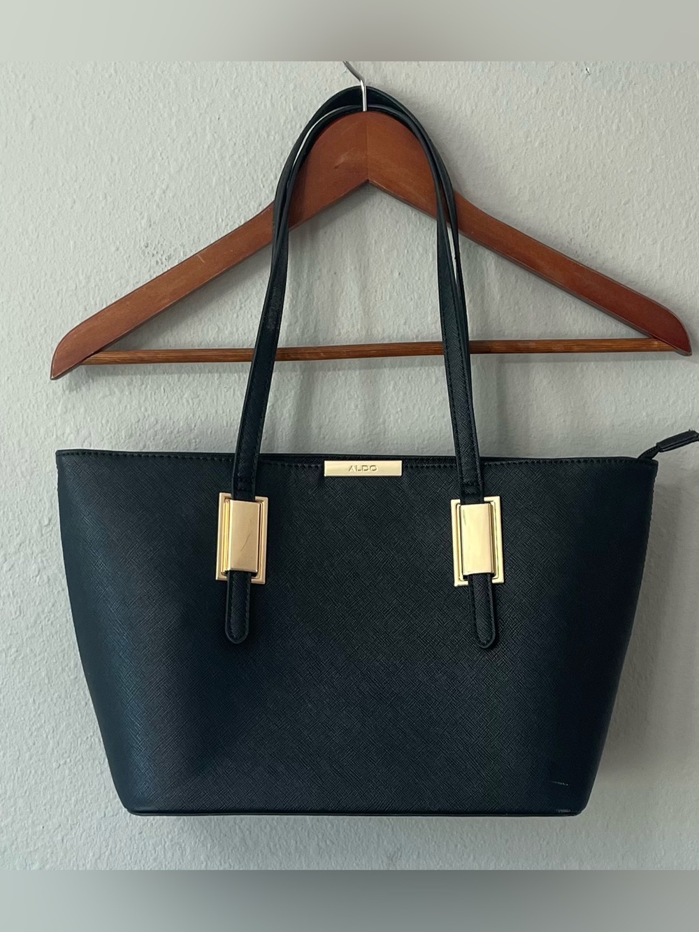ALDO Black Saffiano Structured Tote Bag Gold Hardware